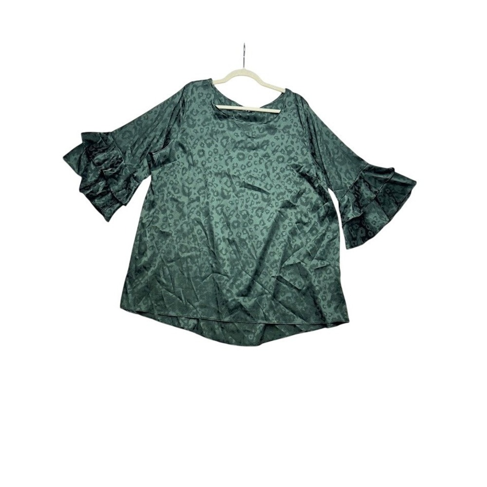 Spin USA Green Leopard Satin Ruffle‎ Bell Sleeve Blouse Plus 3XL